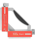 Dual Magnetic Switch Welding Fixture With 90 Degree Clamp, V Groove Design, silver metal with red accents, side view.