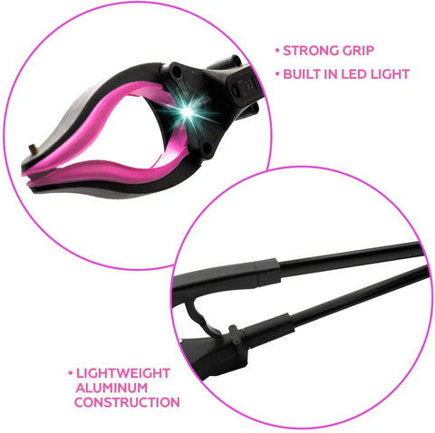 19 Inch Aluminum Magnetic Claw Reacher With Led Light Lightweight Foldable Grabber Tool For Quick No Fuss Pickups Trash Picker And Elderly Reaching Aid Pink With Textured Jaw And Rust Proof Cable