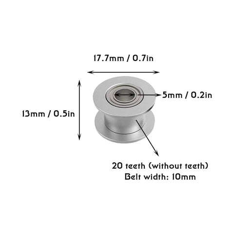 4 Pack GT2 Idler Pulleys 20 Teeth 5mm Bore 10mm Wide With Double Bearings For 3D Printer CNC Machines, 17.7mm aluminum alloy