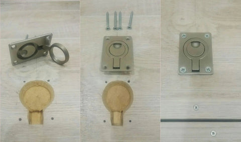 Image of Stainless Steel Flush Pull Ring Handles 304 2 Pack Hidden Recessed Furniture Pulls for cabinets and doors installed.