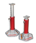 Lightweight Aluminum Jack Stands With Removable Locking Pins 3 Ton Capacity Pair Red And Silver Designed For Most 3 Ton Autos And Light Duty Vehicles Easy To Raise And Lock Durable Construction For Home Garage Use.