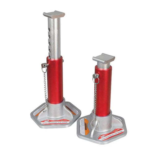 Lightweight Aluminum Jack Stands With Removable Locking Pins 3 Ton Capacity Pair Red And Silver Designed For Most 3 Ton Autos And Light Duty Vehicles Easy To Raise And Lock Durable Construction For Home Garage Use.