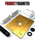 Heavy Duty Aluminum Router Table Insert Plate With Flip Up Lever and Precision Setup Bars For No Sweat Woodworking, dimensions and components displayed.
