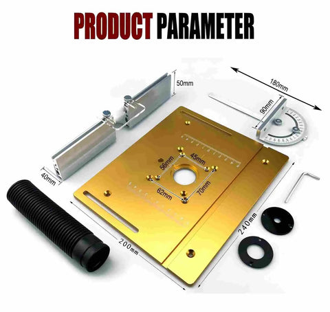 Heavy Duty Aluminum Router Table Insert Plate With Flip Up Lever and Precision Setup Bars For No Sweat Woodworking, dimensions and components displayed.