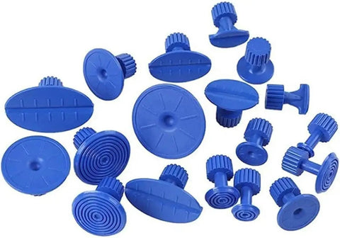 DIY Car Dent Repair Kit With Auto Body Dent Puller Slide Hammer And Glue Puller showing blue plastic glue tabs