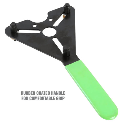 AC Clutch Holding Tool With Adjustable Pins for tight grip and secure removal with green rubber handle, visible studs shown.