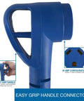 Close-up of blue RV Extension Cord 25 Feet 30 Amp TT-30P To TT-30R Heavy Duty with easy grip handle and elbow plug.