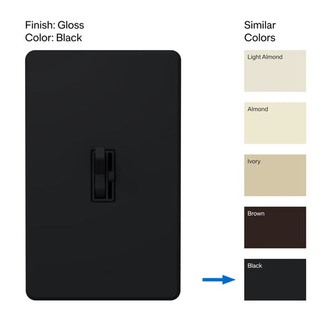 Glossy black Ariadni LED Dimmer Switch with toggle on/off and smooth slider, color comparison with similar finishes.