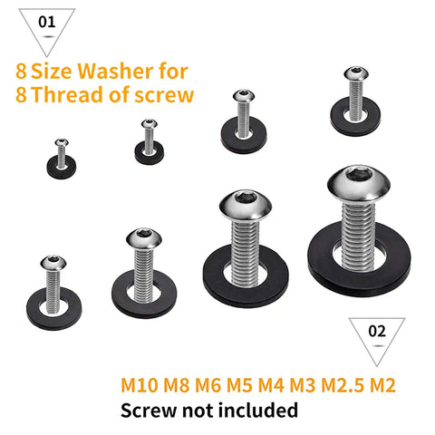 500 Piece Nylon Flat Washer Set Eight Sizes M2 M2.5 M3 M4 M5 M6 M8 M10 Black Sealing Spacer Gasket Ring Washers shown with screws