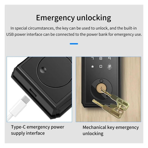 Slick Fingerprint Deadbolt Smart Keyless Entry Lock With Custom Keypad Codes And Heavy Duty Construction emergency unlocking feature with USB power interface.
