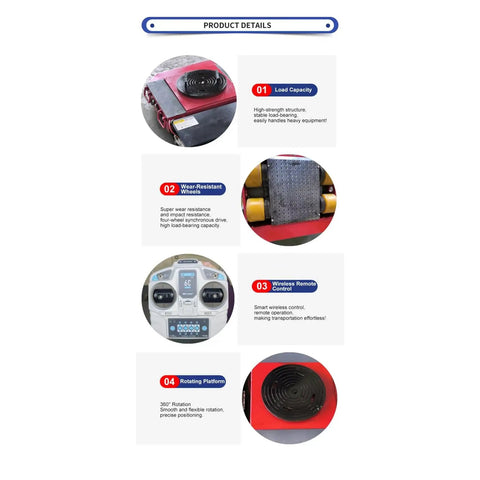 Remote Control Electric Equipment Mover Heavy Duty Machinery Moving Skates product details highlighting load capacity and wheels.