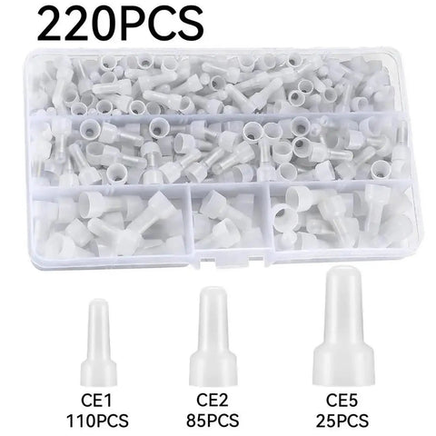 220pcs closed end crimp connectors in organizer, nylon insulated metal tube set, CE1 CE2 CE5 sizes
