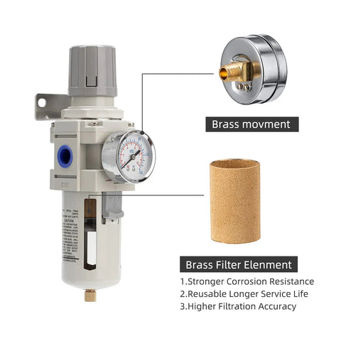 Industrial Air Compressor Filter Regulator Combo 3/8 Inch NPT 0-150 PSI with semi auto drain and 5 micron water separator, brass parts
