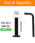 M6 x 25mm Flat Head Hex Socket Cap Screws 30 Pack, with hex spanner, shown with dimensions for indoor outdoor furniture projects