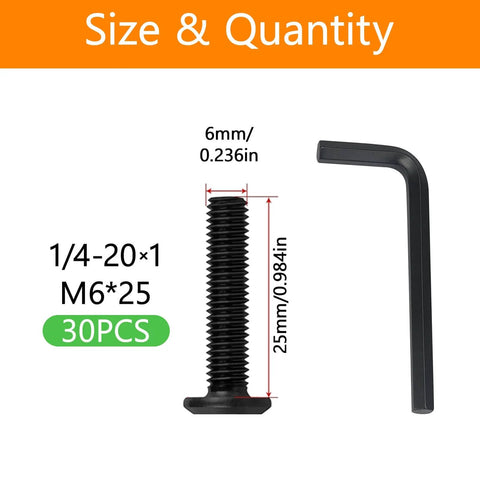 M6 x 25mm Flat Head Hex Socket Cap Screws 30 Pack, with hex spanner, shown with dimensions for indoor outdoor furniture projects