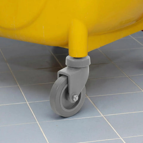 4 Piece Heavy Duty Rubber Swivel Caster Wheels With Threaded Stem And Spring Loaded Setup For Slick Rolling On Mop Buckets Trash Dolly Furniture Carts Grey attached to a yellow mop bucket.