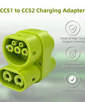Plug And Play Ccs1 To Ccs2 Adapter Featuring Dc 400A And Ac 32A Support For Worry Free European Road Trip Top Ups showing a compact green charging adapter.