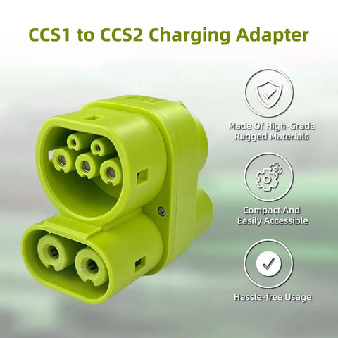 Plug And Play Ccs1 To Ccs2 Adapter Featuring Dc 400A And Ac 32A Support For Worry Free European Road Trip Top Ups showing a compact green charging adapter.