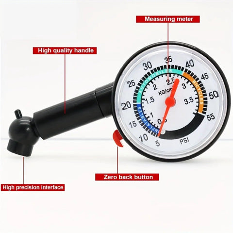 High Precision Mechanical Tire Pressure Gauge For Car And Motorcycle With Analog Dial No Fuss Portable Air Pressure Tool For Safe Driving And Peak Tire Life Daily, black handle and dial