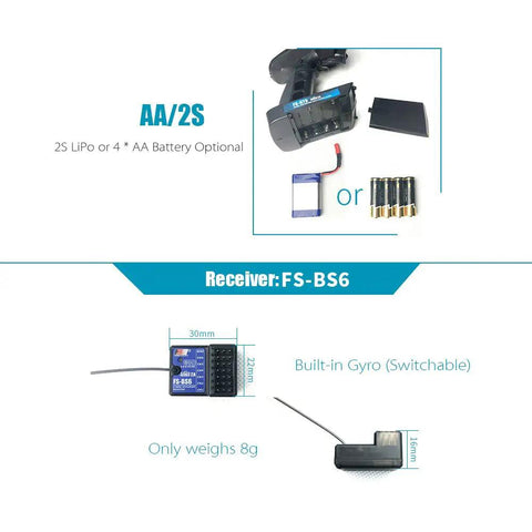 FS-GT5 2.4GHz 6CH AFHDS RC Transmitter with FS-BS6 Receiver, showing battery options and dimensions, ideal for RC models.