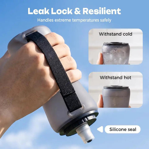Collapsible Silicone Handheld Water Bottle With Ergonomic Strap 350ml Blue Hydration Flask in hand, showing leakproof seal
