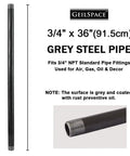 Heavy Duty Three Quarter Inch NPT Steel Pipes, 36 Inch Length, Set Of Four, Garage Ready Industrial Grey Finish For DIY Shelving And Home Decor, Fits Standard Three Quarter Inch Fittings. Image shows a single pipe highlighting the grey coating and threading detail.