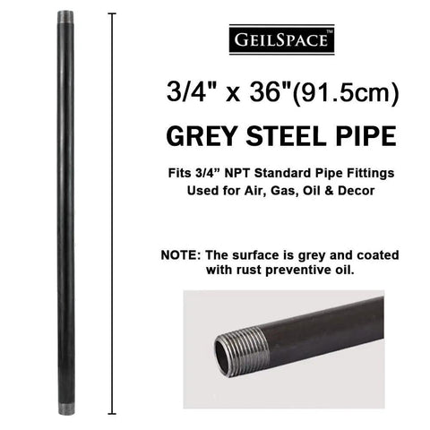 Heavy Duty Three Quarter Inch NPT Steel Pipes, 36 Inch Length, Set Of Four, Garage Ready Industrial Grey Finish For DIY Shelving And Home Decor, Fits Standard Three Quarter Inch Fittings. Image shows a single pipe highlighting the grey coating and threading detail.