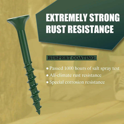 Pro Grade Green Deck Screws Size 8 By 1-1/2 Inch Heavy Duty Fasteners showcasing rust resistance with green coating.