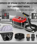 Heavy Duty Handheld Steam Cleaner With A Massive 2500W Output For Fast Heating Up To 105C showing 6 speed controls and accessories.