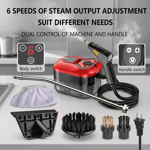 Heavy Duty Handheld Steam Cleaner Generating Scalding 2500W Heat To Blast Away stubborn kitchen grease, showing control switches and attachments.