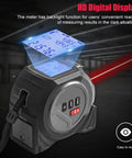 No Sweat Laser Tape Measure With Dual Cross Line Generator And Crisp Backlit Screen Featuring Linear Volume Plus Pythagorean Modes, showing backlit digital display.
