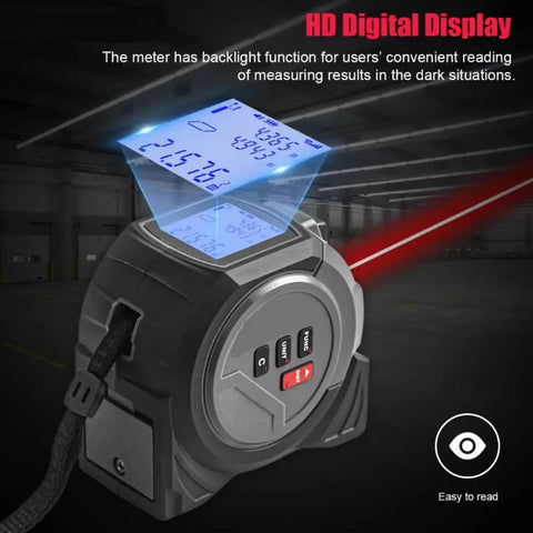3‑in‑1 Laser Tape Measure Handheld Distance Meter for Construction Remodeling with HD digital display and backlight function.