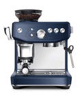 Home Barista Game Changer Smart Bean To Cup Espresso Machine With Intelligent Auto Dosing And Powerful Steam Wand For Dope Microfoam And Smooth Daily Sips In Damson Blue front view with grinder and steam wand.
