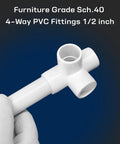 Heavy Duty 1/2 Inch PVC Fittings 4 Way Elbow Connector Set For DIY Furniture And Frames UV Resistant held in a gloved hand
