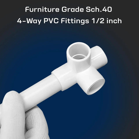 Heavy Duty 1/2 Inch PVC Fittings 4 Way Elbow Connector Set For DIY Furniture And Frames UV Resistant held in a gloved hand