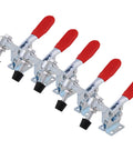 Heavy Duty Horizontal Toggle Clamps Clutch Tight Grip For Woodworking Jigs Welding Fixtures Electroplated Rustproof Steel Shop Built Assembly Hardware 5 Piece set with red rubber grips and metal bodies.