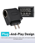 Universal AC To DC Power Converter That Brings House Current To Your Automotive Gear Straightforward Plug And Play Setup Works Like A Champ For Car Vacuums Air Pumps And Coolers In Bold Black, showing adapter and plug design.