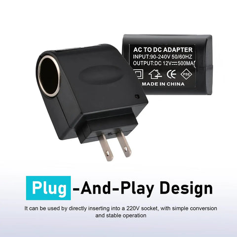 Universal AC To DC Power Converter That Brings House Current To Your Automotive Gear Straightforward Plug And Play Setup Works Like A Champ For Car Vacuums Air Pumps And Coolers In Bold Black, showing adapter and plug design.