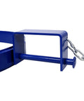 Close-up of Super Heavy Duty Steel Drum Lifter Ring and Barrel Clamp for Forklift, showing blue steel handle and chain.
