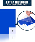Rock Solid Adhesive Floor Mats 4 Pack Grip Tight Cleanroom Traps showing the blue handheld mat with peel back sheet.