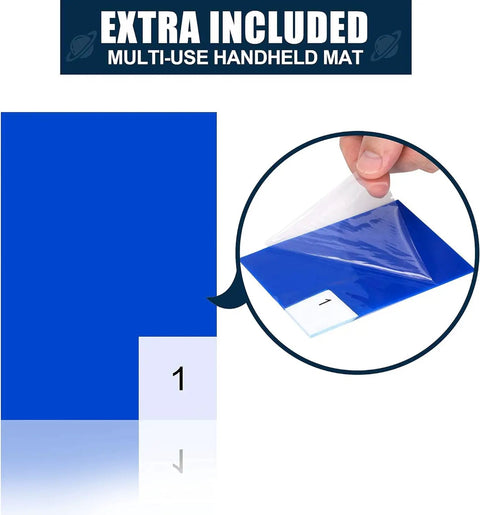 Rock Solid Adhesive Floor Mats 4 Pack Grip Tight Cleanroom Traps showing the blue handheld mat with peel back sheet.