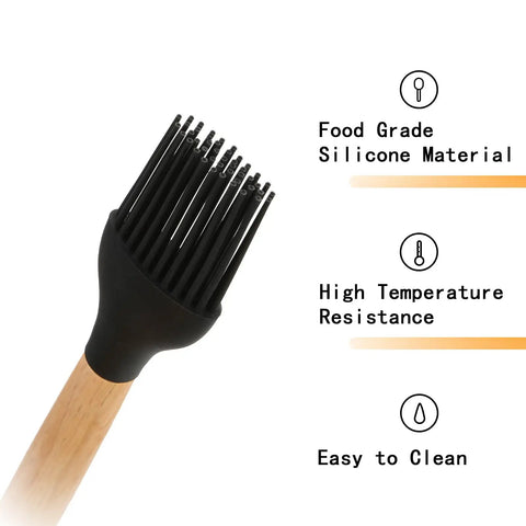 Silicone brush with wood handle from 4 Piece Stainless Steel BBQ Grill Utensil Set With Wood Handles, Outdoor Cooking.