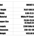 Table of specifications for BUCKET-Z model conveyor, including dimensions, materials, and power supply details.