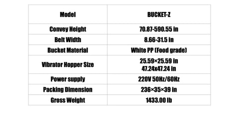 Technical specifications table for Top Drawer Vacuum Conveyor And Dust Free Feeding Station Smooth Operator Plug And Play.