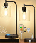 Pair Of Slick Smart Touch Table Lamps With USB C And USB A Ports And AC Outlet, 3 Way Dimmable Black Bedside Lamps With Glass Shades