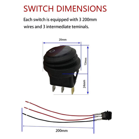 Five Pack 12V Round Waterproof Rocker Switches With Blue LED On Off SPST 3 Pin 20cm Detachable Wires dimensions