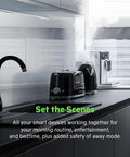 Modern kitchen with smart toaster and coffee machine, text overlay "Set the Scenes" explaining smart device integration.