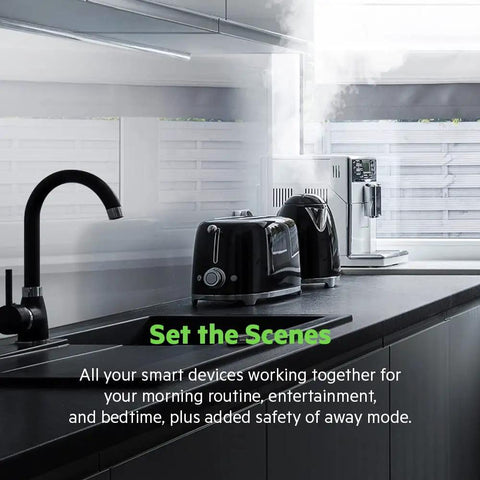 Modern kitchen with smart toaster and coffee machine, text overlay "Set the Scenes" explaining smart device integration.