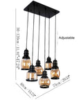 Antique Black Metal and Glass Jar Farmhouse Pendant Light With Six E26 Sockets, adjustable industrial hanging ceiling fixture