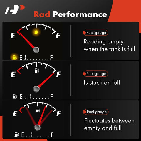 Three fuel gauge issues: reads empty when full, stuck on full, fluctuates between empty and full. Rad Performance logo visible.